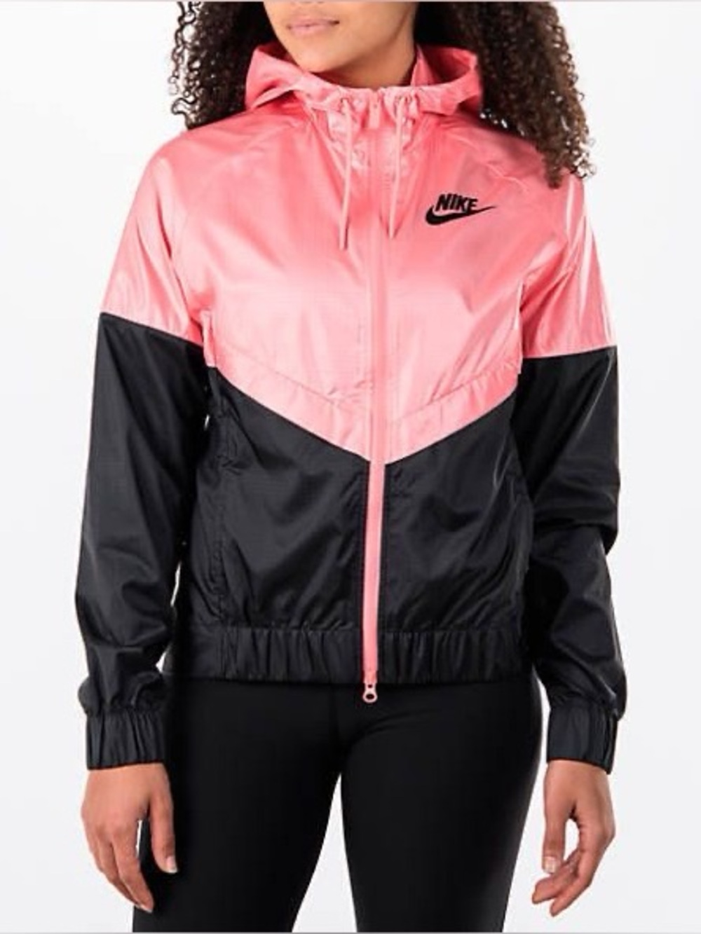Nike Coral Pink and Black Colorblock Hooded Windbreaker Size M